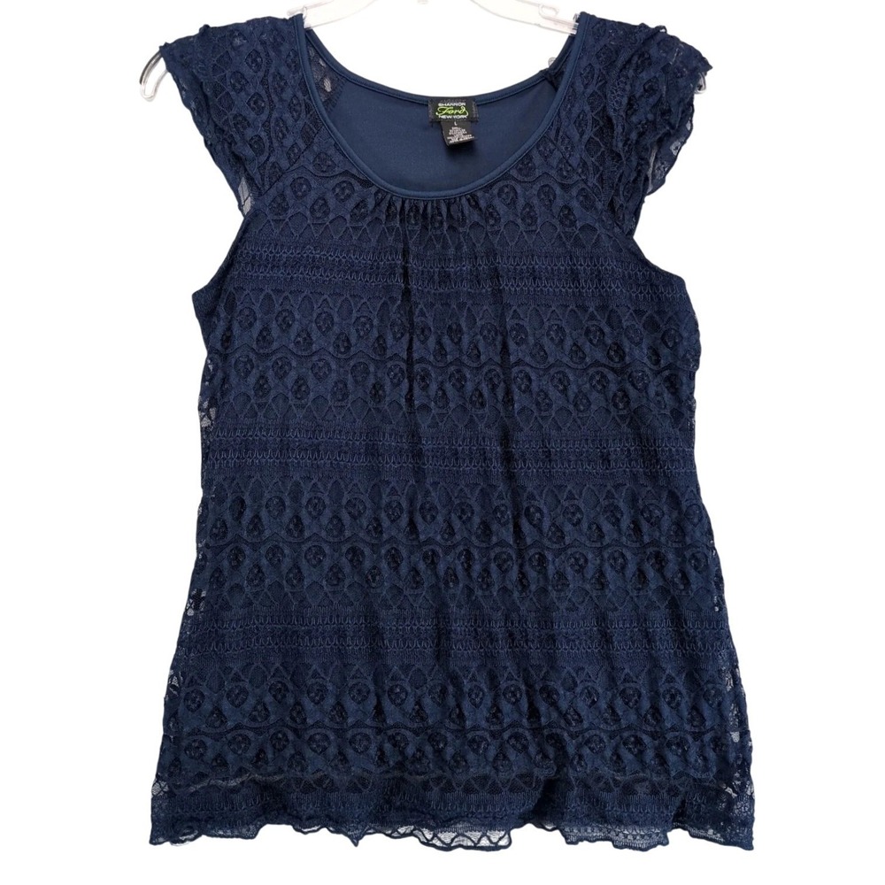 Shannon Ford NY Navy Sleeveless Lace Top Women's L Whimsigoth Romantic Cap Slv